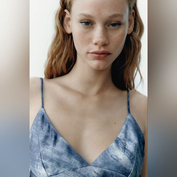 Zara PRINTED DENIM SATIN EFFECT SLIP DRESS - Picture 5 of 11